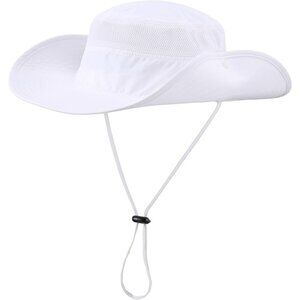 Unisex White 100% Polyester Wide Brim Boonie Mesh With Chin Strap Bucket Sun Hat